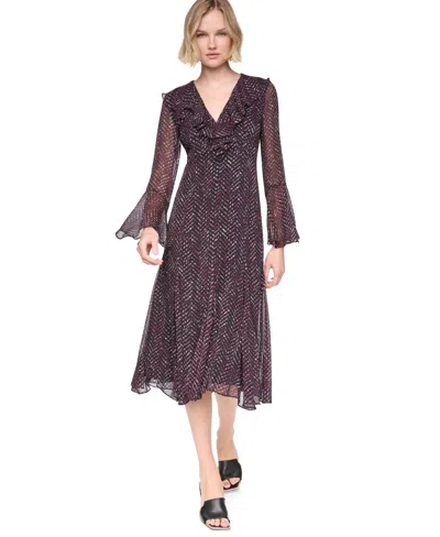 Dkny Women's Long Bell Sleeve V-neck Ruffle Godet Midi Dress In Burgundy Multi