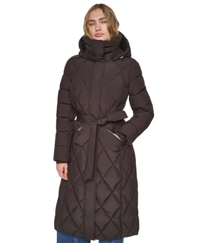 Dkny Women's Long Belted Quilted Puffer Coat In Brown