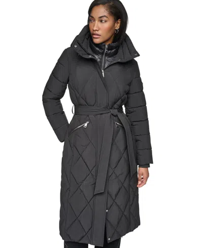 Dkny Women's Long Belted Quilted Puffer Coat In Gray