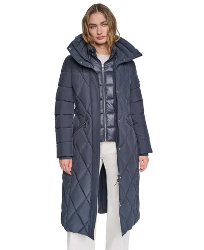 Dkny Women's Long Belted Quilted Puffer Coat In Titan