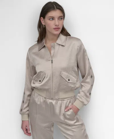 Dkny Women's Long-grommet-trim-sleeve Satin Bomber Jacket In Pebble