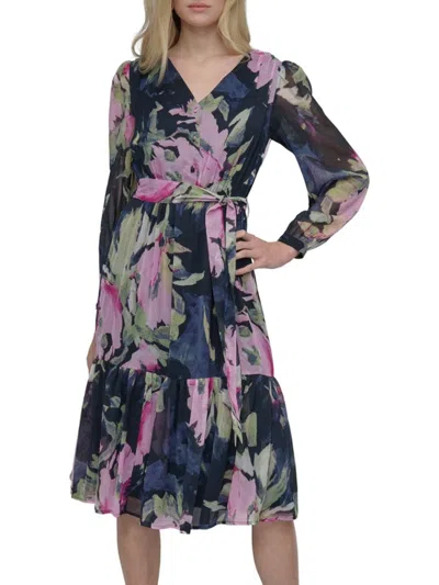 Dkny Floral V-neck Long Sleeve Midi Fit & Flare Dress In Navy Pink