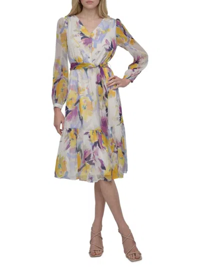 Dkny Women's Long Puff-sleeve Watercolor Midi-dress In Sunshine Multicolor