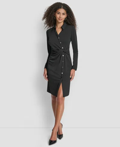 Dkny Women's Long Sleeve Asymmetrical Knot Button Front Sheath Dress In Black