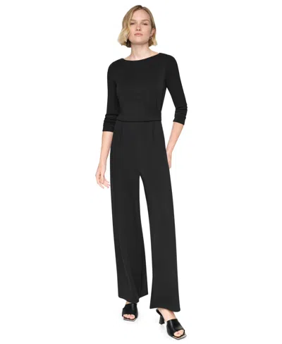 Dkny Women's Long Sleeve Boat Neck Twist-front Straight-leg Jumpsuit In Black