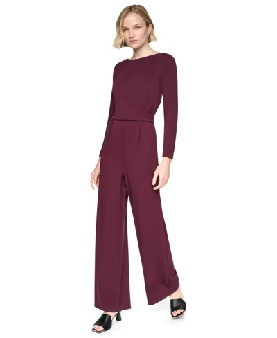 Dkny Women's Long Sleeve Boat Neck Twist-front Straight-leg Jumpsuit In Burgundy