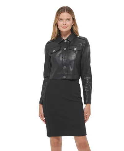 Dkny Womens Collared Cropped Leather Jacket In Black