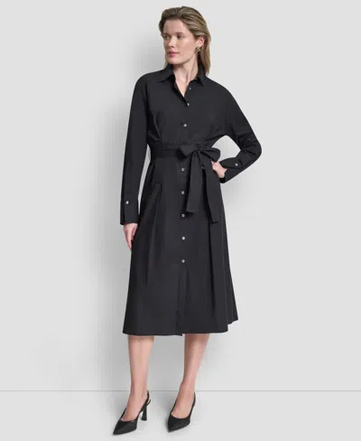 Dkny Women's Long-sleeve Collared Neck Midi Shirtdress In Black