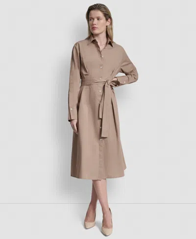 Dkny Women's Long-sleeve Collared Neck Midi Shirtdress In Brown