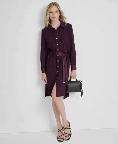 Dkny Women's Long Sleeve Collared Shirt Dress In Burgundy