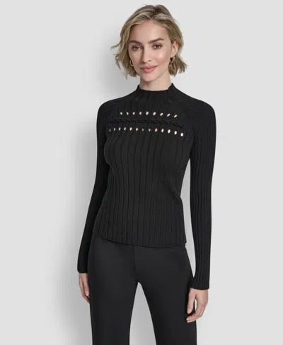 Dkny Women's Long-sleeve Cord Detail Rib Sweater In Black