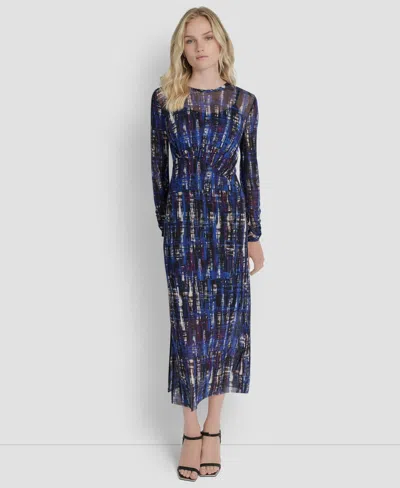 Dkny Women's Long Sleeve Crew Neck A Line Dress In Blue