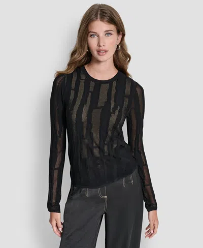Dkny Women's Long-sleeve Double Layer Mixed Stitch Sweater In Black