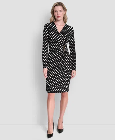 Dkny Women's Long Sleeve Faux Wrap Polka Dot Knee Length Dress In Black