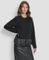 Dkny Women's Long Sleeve Fringe Hem Sweater In Black