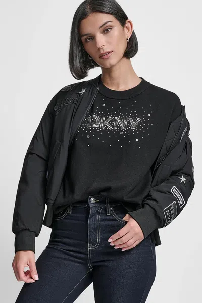 Dkny Women's Long Sleeve Glitter Logo Pullover Sweater In Black