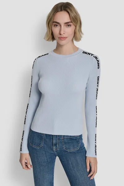 Dkny Women's Long Sleeve Logo Trim Sweater In Blue