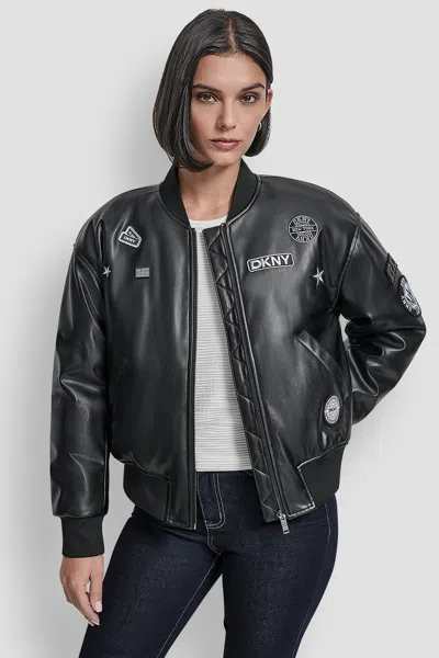 Dkny Women's Long Sleeve Pins And Patches Bomber Jacket In Black
