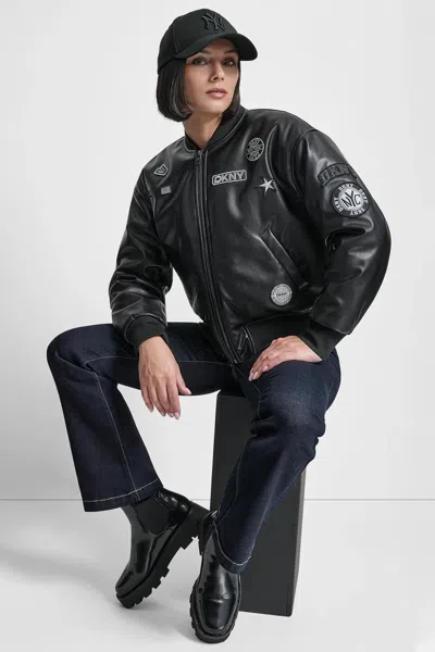 Dkny Women's Long Sleeve Pins And Patches Bomber Jacket In Black