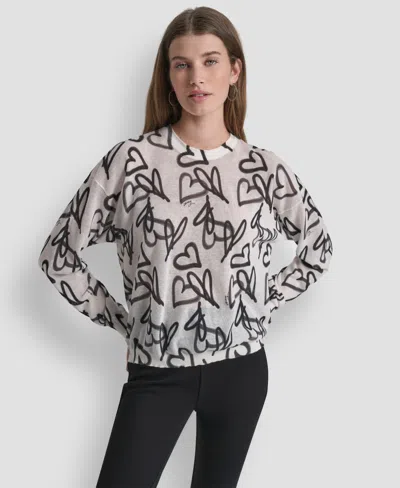Dkny Lightweight Graffiti Heart Print Sweater In Multi