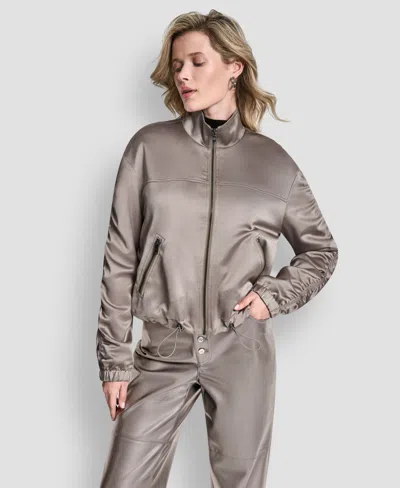 Dkny Women's Long Sleeve Ruched Cropped Bomber Jacket In Gray