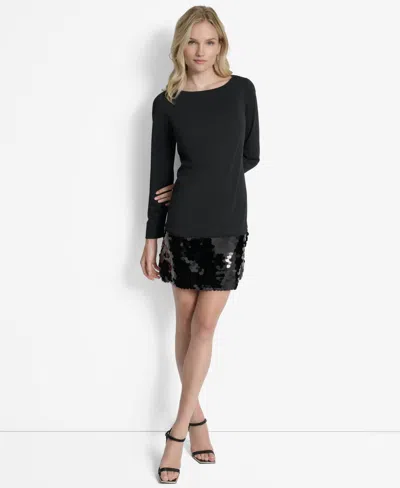 Dkny Women's Long Sleeve Sequin Hem Shift Dress In Black