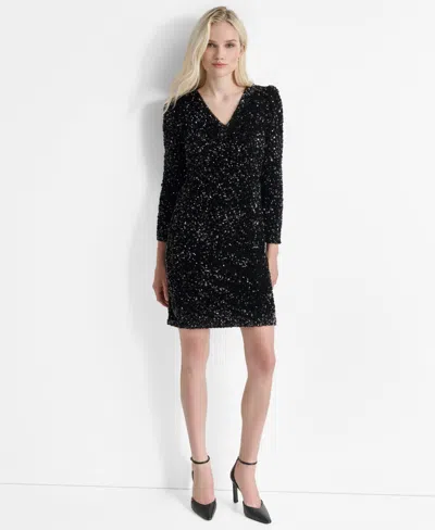 Dkny Women's Long Sleeve Sequin Shift Dress In Black