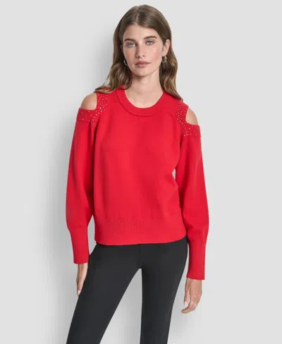 Dkny Women's Long Sleeve Shoulder Cutout Sweater In Red