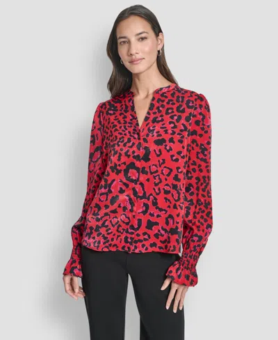 Dkny Women's Long-sleeve Split-neck Top In Red