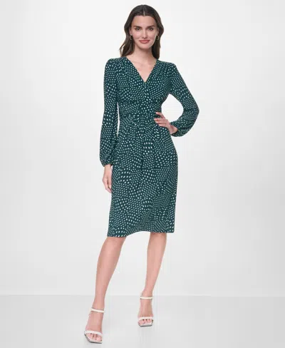 Dkny Women's Long Sleeve Surplice V-neck Twist-front Fit And Flare Midi Dress In Malachite,coconut