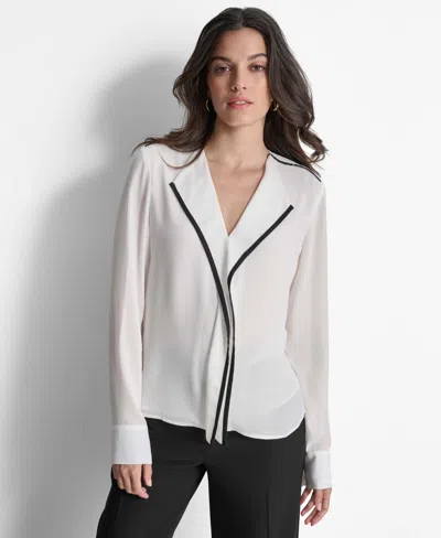Dkny Women's Long Sleeve Trimmed Lapel Blouse, Regular & Petite In White