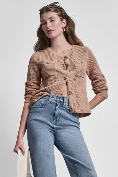 Dkny Women's Long Sleeve Tuck Stitch Crew Neck Cardigan W/ Fron In Brown