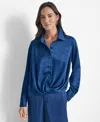 Dkny Twist Front Crinkle Satin Shirt In Blue