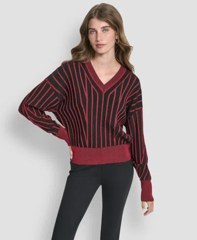 Dkny Women's Long Sleeve V-neck Sweater In Red