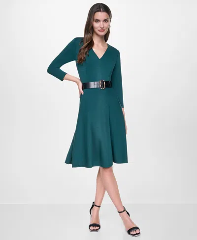 Dkny Women's Long Sleeve V-neck Belted Fit And Flare Midi Dress In Green