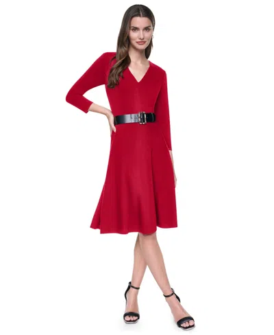 Dkny Women's Long Sleeve V-neck Belted Fit And Flare Midi Dress In Red