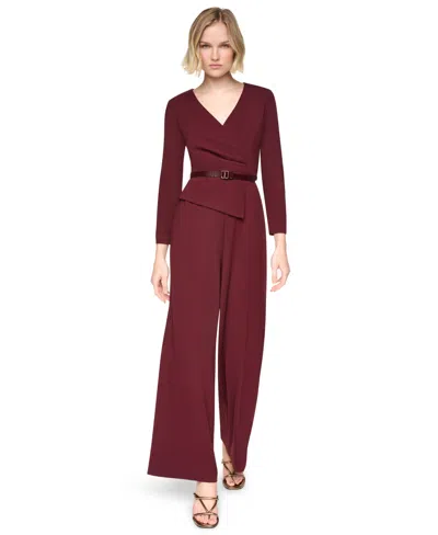 Dkny Women's Long Sleeve V-neck Belted Wide-leg Jumpsuit In Burgundy