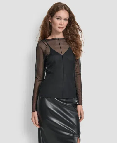 DKNY WOMEN'S LONG SLEEVES EXPOSED SEAM MESH TOP