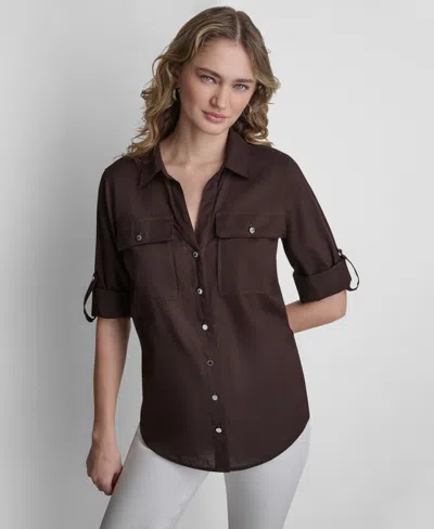 Dkny Women's Long-sleeve Collared Shirt In Brown