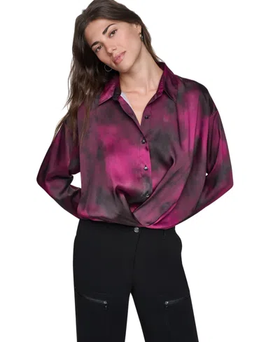 Dkny Women's Long-sleeve Collared Twist-front Blouse In Multi