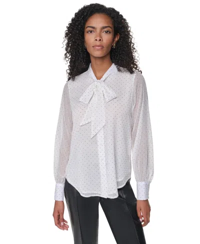 Dkny Women's Long-sleeve Polka-dot Tie-neck Blouse In White