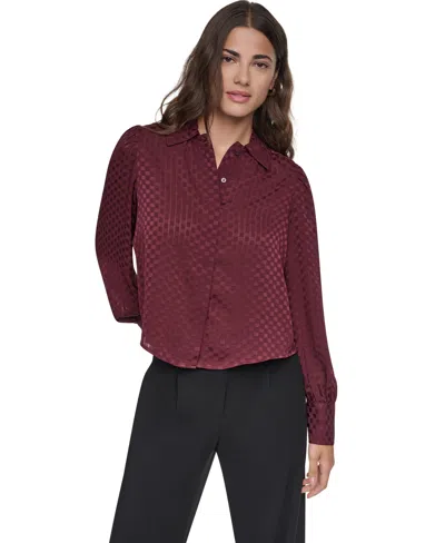 Dkny Womens Long Sleeve Puff Sleeve Button Front Blouse In Burgundy