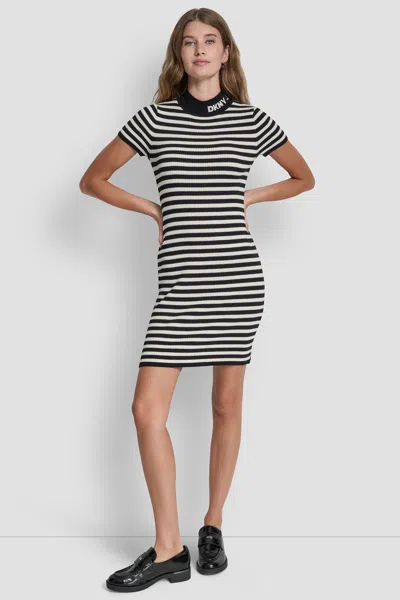 Dkny Women's Lurex Stripe Mock Neck Logo Dress In Multi