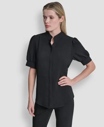 Dkny Women's Mandarin Collar Textured Woven Blouse In Black