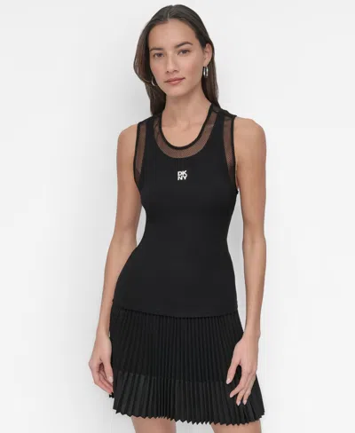 Dkny Women's Mesh-neck Logo Tank Top In Black