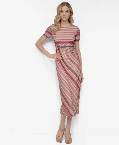 Dkny Women's Mesh Striped Side-knot Boat-neck Midi Dress In Multi