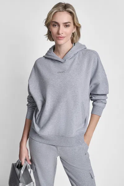 Dkny Women's Metallic Bubble Logo Fleece Drop Shoulder Hoodie In Gray