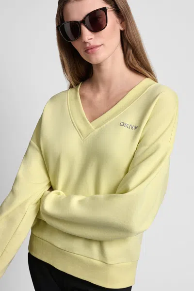 Dkny Women's Metallic Bubble Logo V-neck Pullover In Yellow