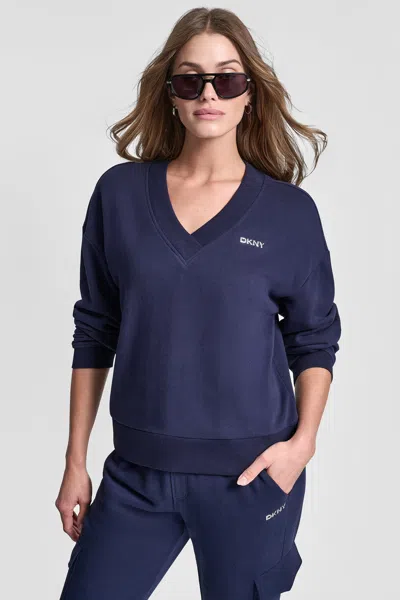 Dkny Women's Metallic Bubble Logo V-neck Pullover In Blue