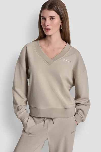Dkny Women's Metallic Bubble Logo V-neck Pullover In Gray